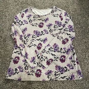 Croft and Barrow Classic Tee gray Purple Floral Long Sleeve Top M